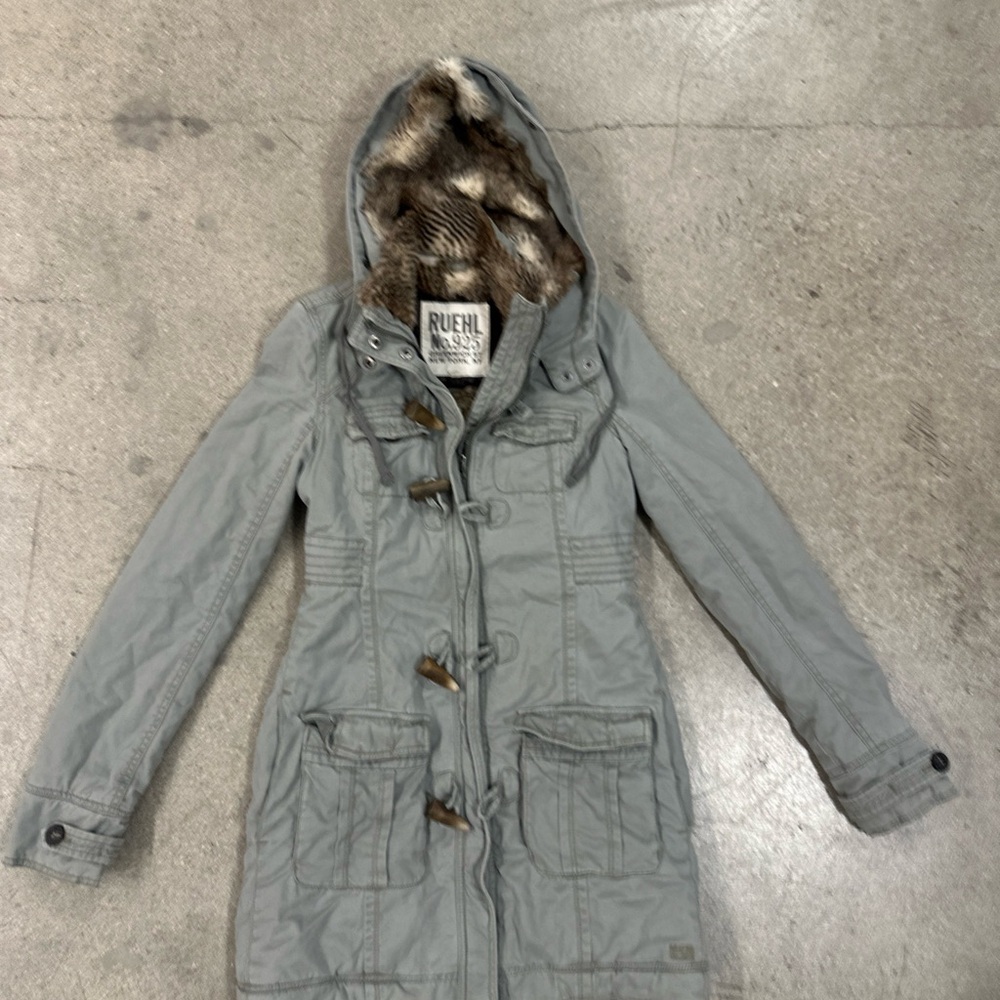 VTG Ruehl No. 925 Parka Coat Gray Faux Fur Lined Trim Toggle Sz XS Button Hood